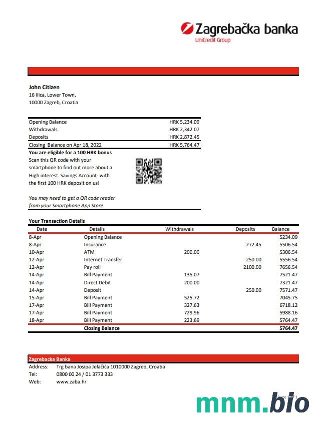 Croatia Raiffeisen wzór wyciągu bankowego w formacie Word i PDF